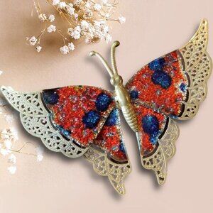 Vintage Butterfly Brooch Filigree Wings Multicolor Glitter Enamel